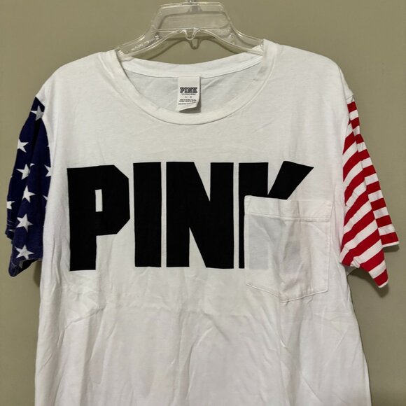 Victoria’s Secret PINK USA Flag Sleeve Tee – Red, White & Blue Logo Top Size L - Picture 3 of 4